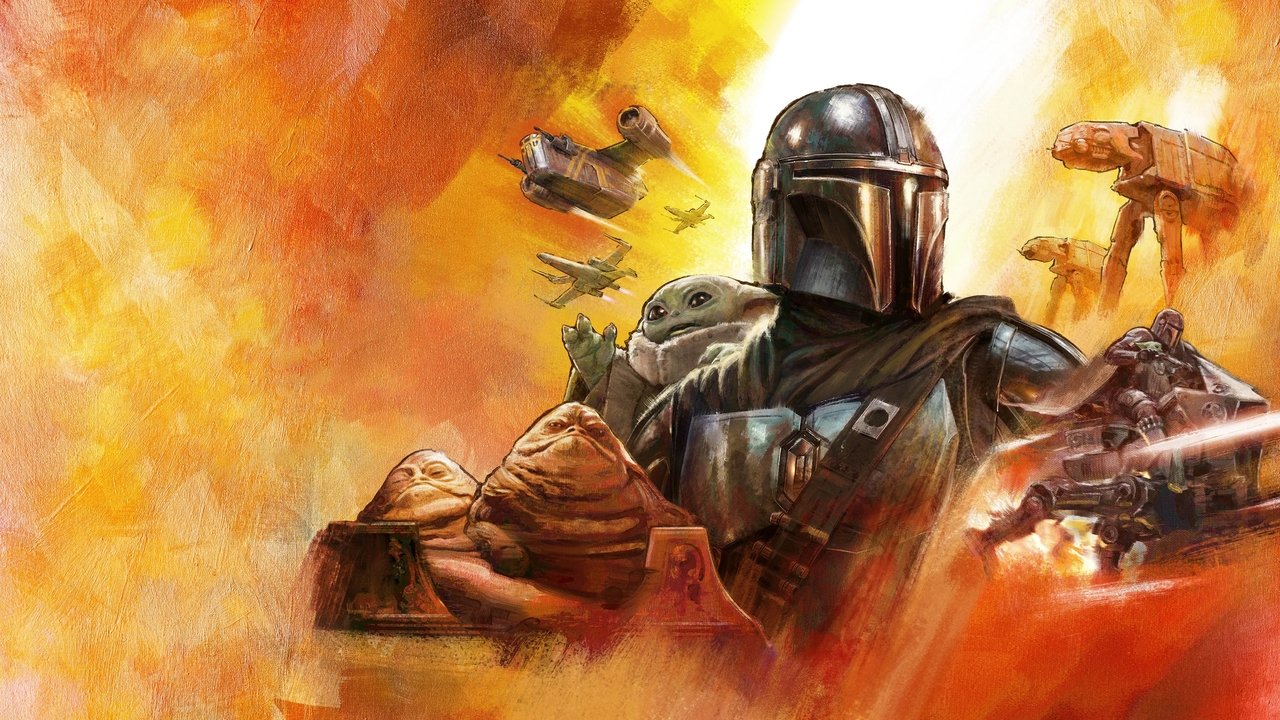 Painterly key art: the Mandalorian holds Grogu as two Hutts loom in the foreground over a Tatooine battle (promo art)
